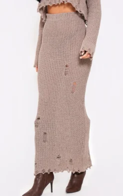 Clearance PrettyLittleThing Tall Distressed Knitted Midaxi Skirt Taupe