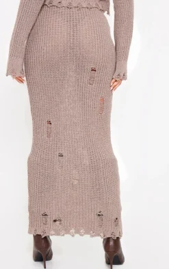 Clearance PrettyLittleThing Tall Distressed Knitted Midaxi Skirt Taupe