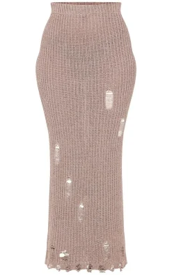 Clearance PrettyLittleThing Tall Distressed Knitted Midaxi Skirt Taupe