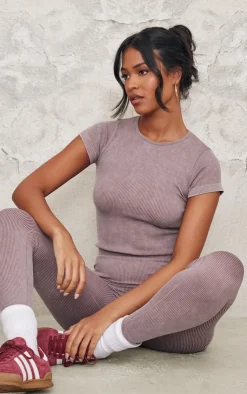 Online PrettyLittleThing Tall Faded Snatched Rib Longline Short Sleeve T-shirt Taupe