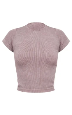 Online PrettyLittleThing Tall Faded Snatched Rib Longline Short Sleeve T-shirt Taupe