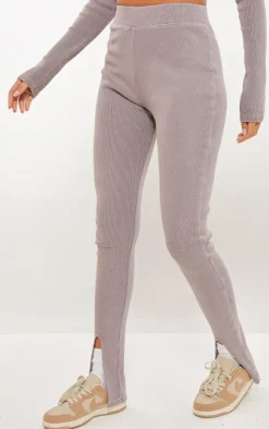 Discount PrettyLittleThing Tall Washed Ribbed Split Hem Pants Taupe