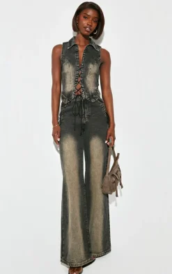 PrettyLittleThing Tall Front Lace Seam Detail Denim Vest Vintage Black Wash