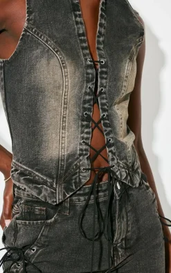 PrettyLittleThing Tall Front Lace Seam Detail Denim Vest Vintage Black Wash