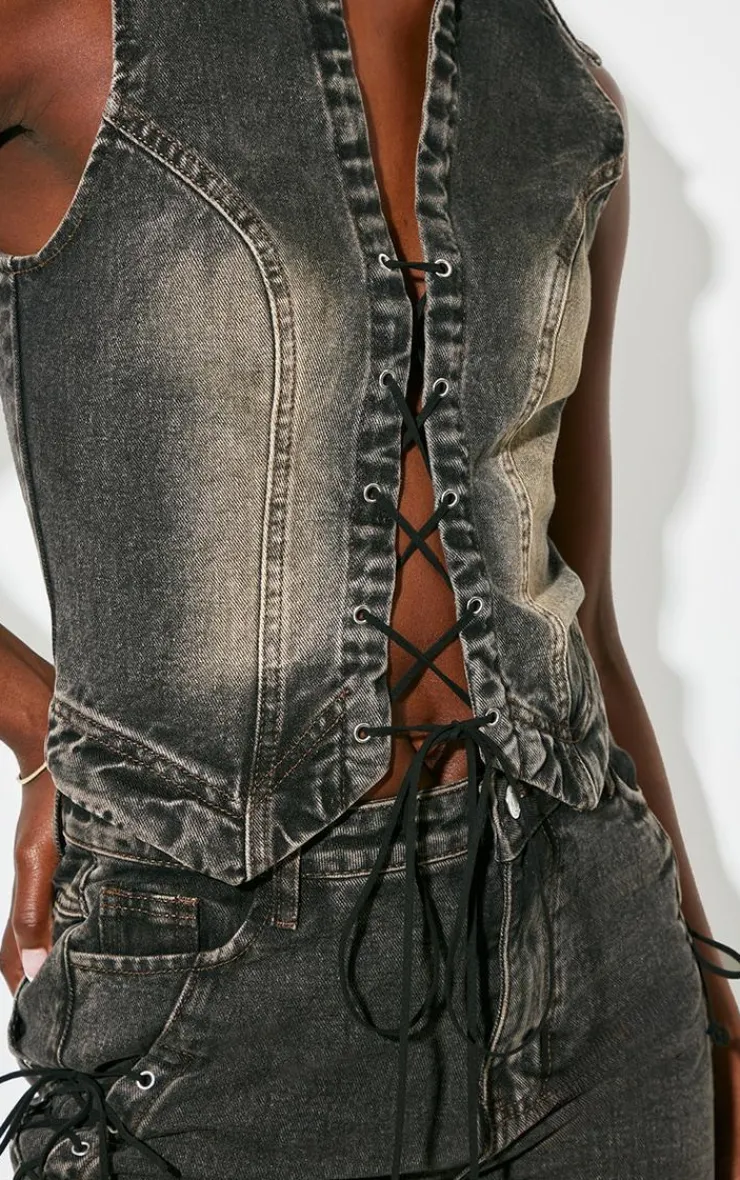 PrettyLittleThing Tall Front Lace Seam Detail Denim Vest Vintage Black Wash