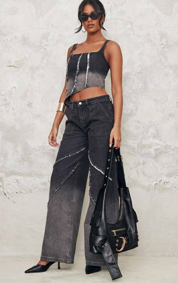 Discount PrettyLittleThing Tall Low Rise Raw Seam Detail Wide Leg Jeans Vintage Black Wash