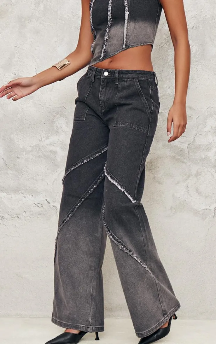 Discount PrettyLittleThing Tall Low Rise Raw Seam Detail Wide Leg Jeans Vintage Black Wash
