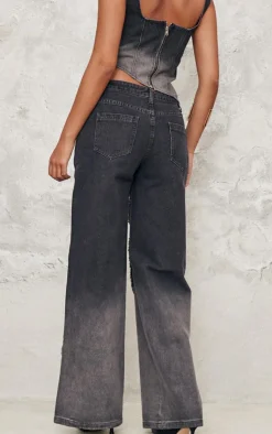 Discount PrettyLittleThing Tall Low Rise Raw Seam Detail Wide Leg Jeans Vintage Black Wash