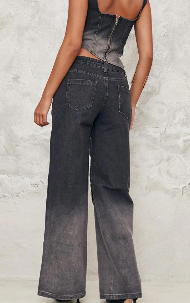 Discount PrettyLittleThing Tall Low Rise Raw Seam Detail Wide Leg Jeans Vintage Black Wash