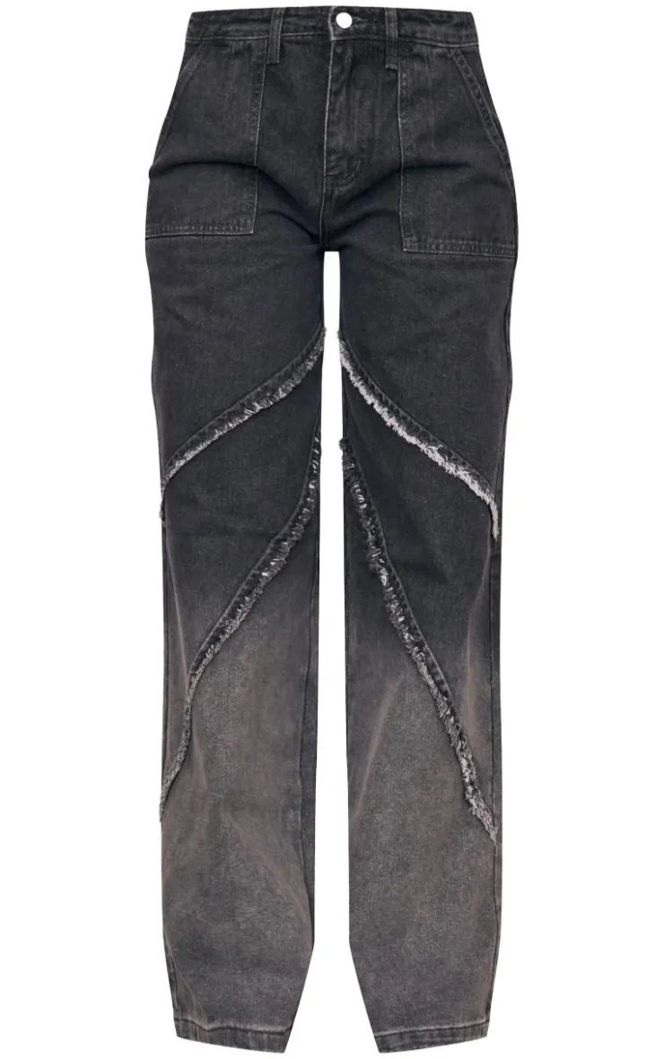 Discount PrettyLittleThing Tall Low Rise Raw Seam Detail Wide Leg Jeans Vintage Black Wash