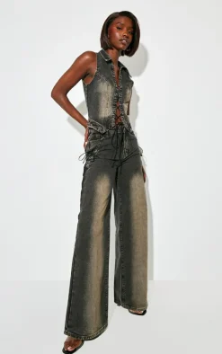 Clearance PrettyLittleThing Tall Lace Up Pocket Mid Rise Straight Leg Jeans Vintage Black Wash