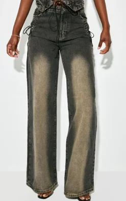 Clearance PrettyLittleThing Tall Lace Up Pocket Mid Rise Straight Leg Jeans Vintage Black Wash