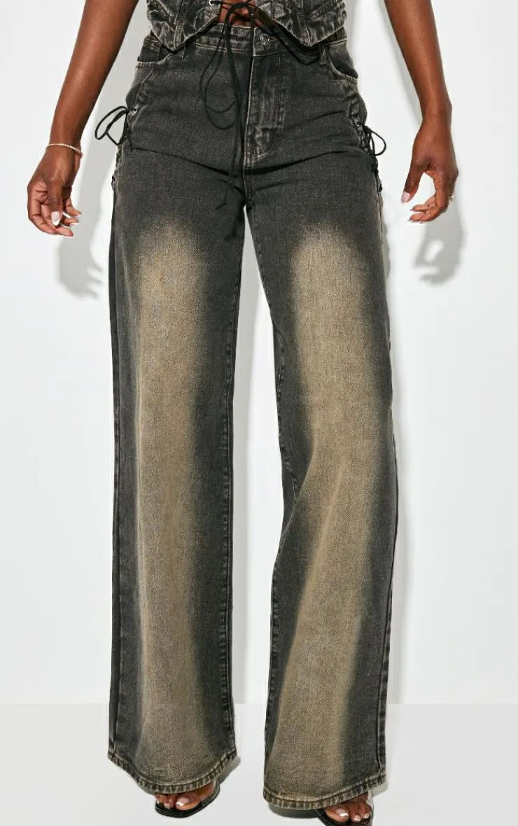 Clearance PrettyLittleThing Tall Lace Up Pocket Mid Rise Straight Leg Jeans Vintage Black Wash