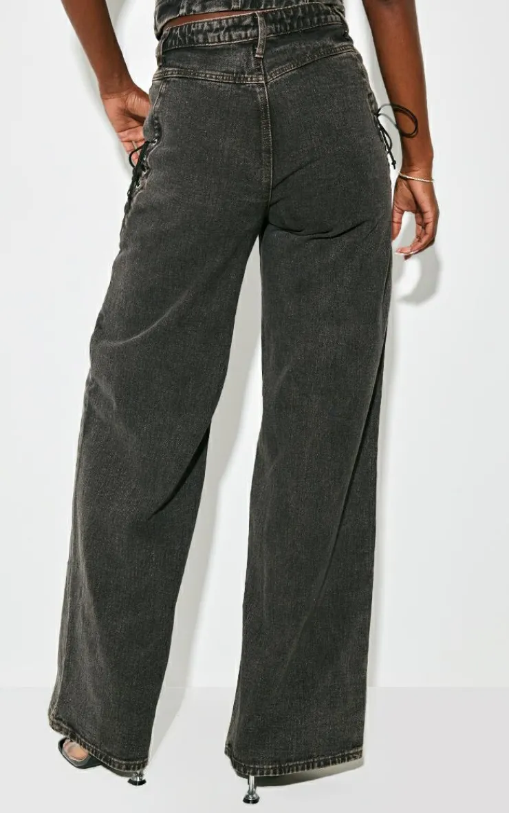 Clearance PrettyLittleThing Tall Lace Up Pocket Mid Rise Straight Leg Jeans Vintage Black Wash