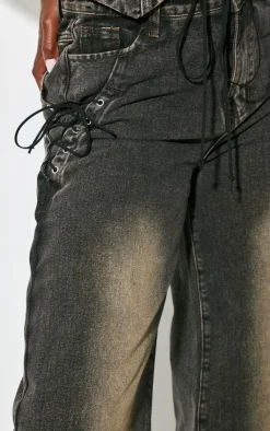 Clearance PrettyLittleThing Tall Lace Up Pocket Mid Rise Straight Leg Jeans Vintage Black Wash