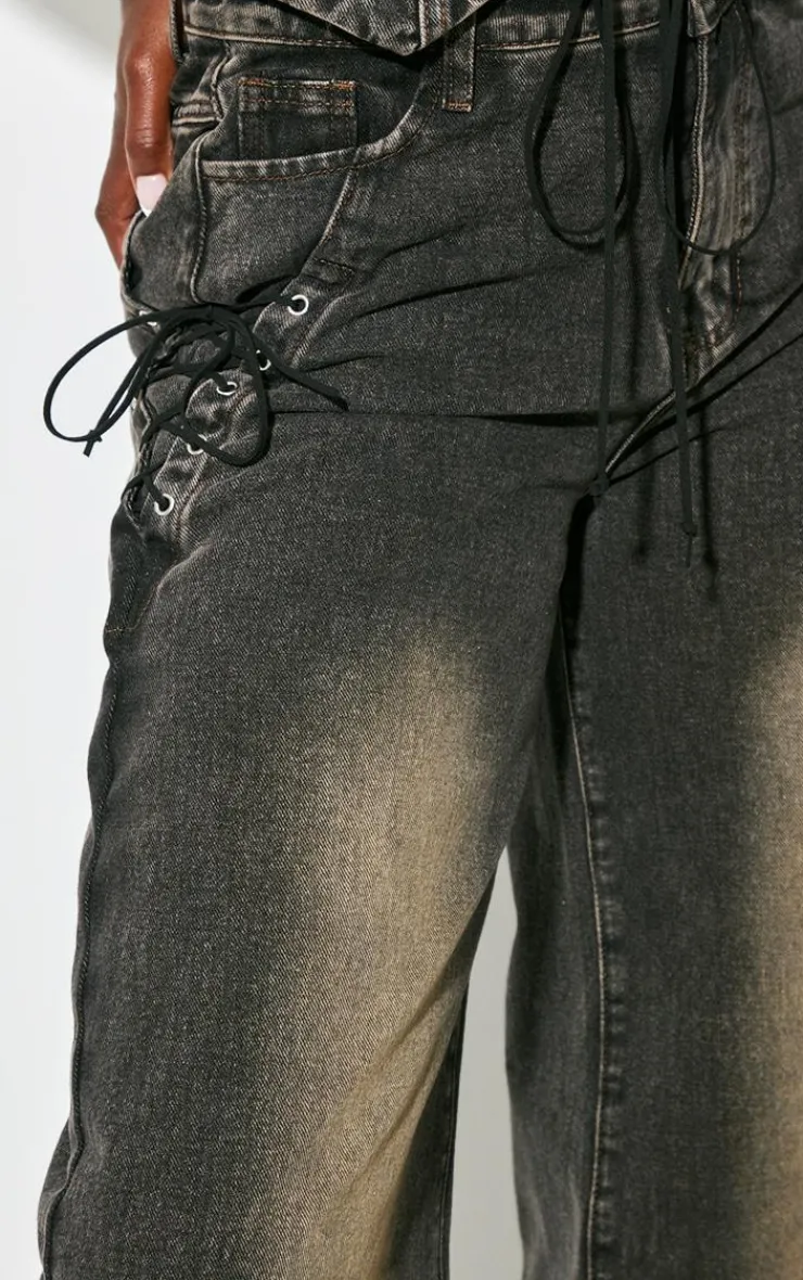 Clearance PrettyLittleThing Tall Lace Up Pocket Mid Rise Straight Leg Jeans Vintage Black Wash
