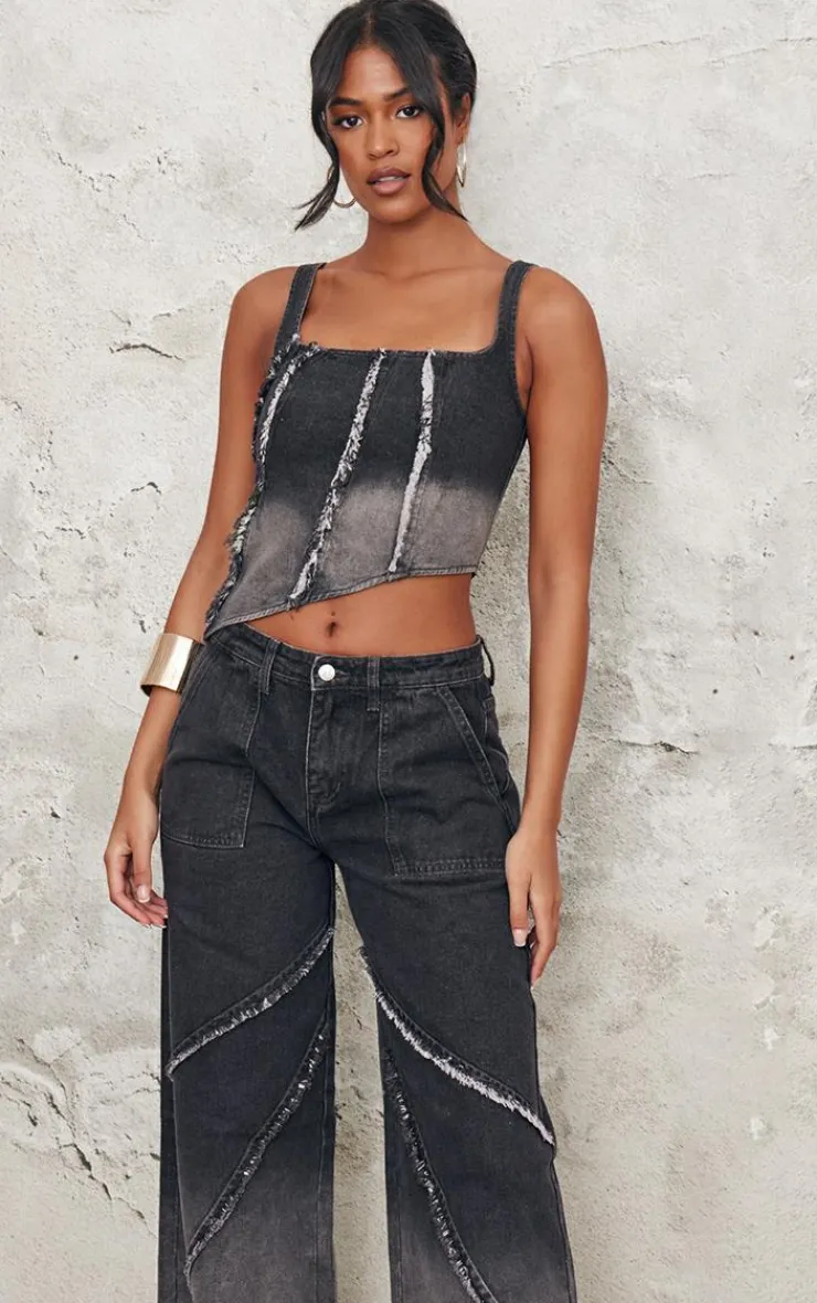 Sale PrettyLittleThing Tall Raw Seam Detail Asymmetric Denim Corset Vintage Black Wash