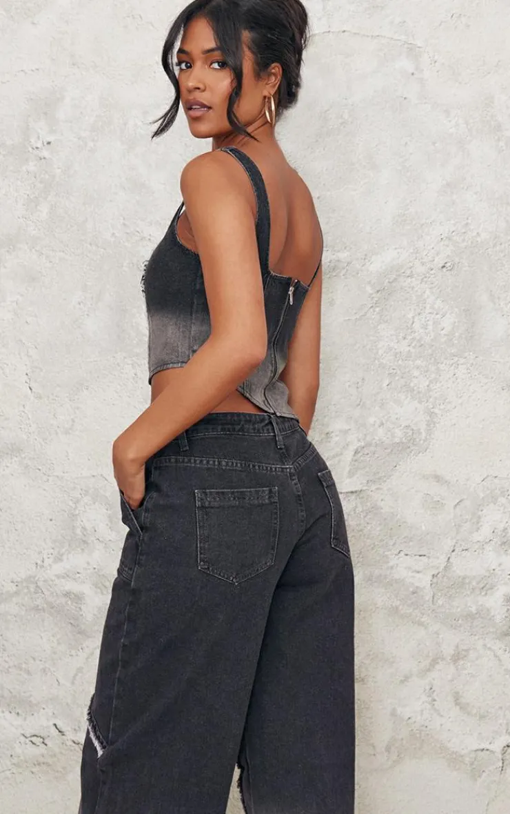Sale PrettyLittleThing Tall Raw Seam Detail Asymmetric Denim Corset Vintage Black Wash