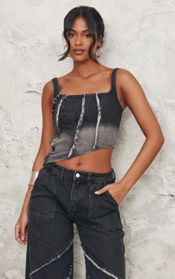 Sale PrettyLittleThing Tall Raw Seam Detail Asymmetric Denim Corset Vintage Black Wash