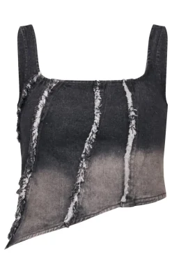 Sale PrettyLittleThing Tall Raw Seam Detail Asymmetric Denim Corset Vintage Black Wash