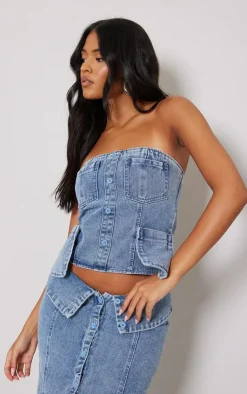Clearance PrettyLittleThing Tall Denim Four Pocket Detail Bandeau Top Vintage Light Wash