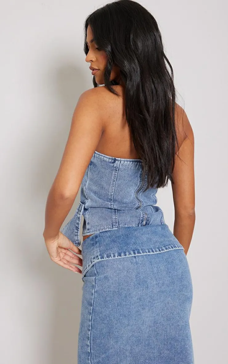 Clearance PrettyLittleThing Tall Denim Four Pocket Detail Bandeau Top Vintage Light Wash