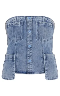 Clearance PrettyLittleThing Tall Denim Four Pocket Detail Bandeau Top Vintage Light Wash
