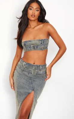 Hot PrettyLittleThing Tall Denim Buckle Detail Bandeau Top Vintage Wash
