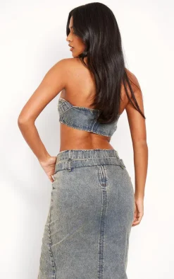 Hot PrettyLittleThing Tall Denim Buckle Detail Bandeau Top Vintage Wash