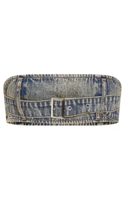 Hot PrettyLittleThing Tall Denim Buckle Detail Bandeau Top Vintage Wash
