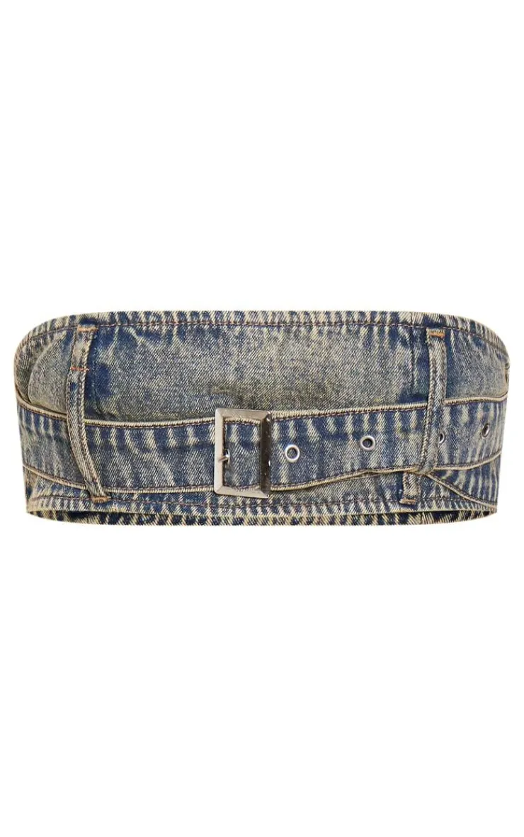 Hot PrettyLittleThing Tall Denim Buckle Detail Bandeau Top Vintage Wash