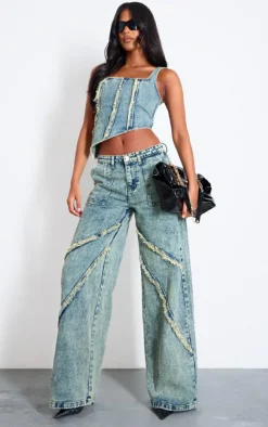 Best PrettyLittleThing Tall Low Rise Raw Seam Detail Wide Leg Jeans Vintage Wash