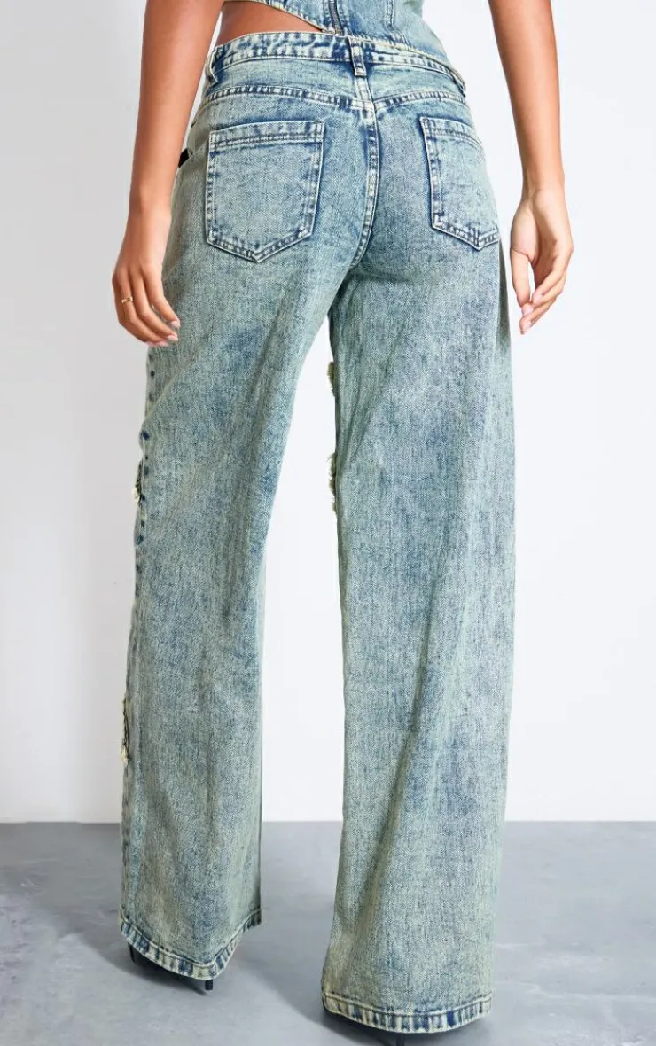 Best PrettyLittleThing Tall Low Rise Raw Seam Detail Wide Leg Jeans Vintage Wash