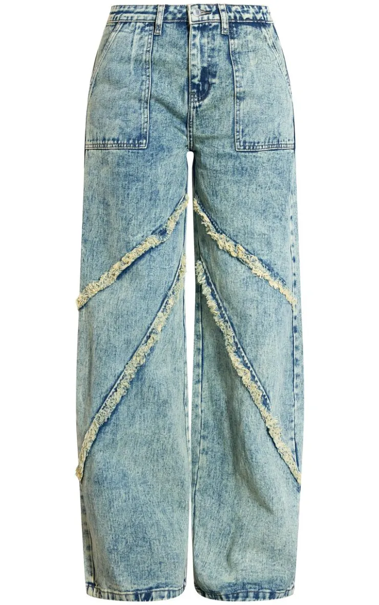 Best PrettyLittleThing Tall Low Rise Raw Seam Detail Wide Leg Jeans Vintage Wash
