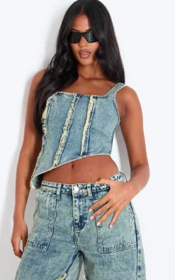 New PrettyLittleThing Tall Raw Seam Detail Asymmetric Denim Corset Vintage Wash