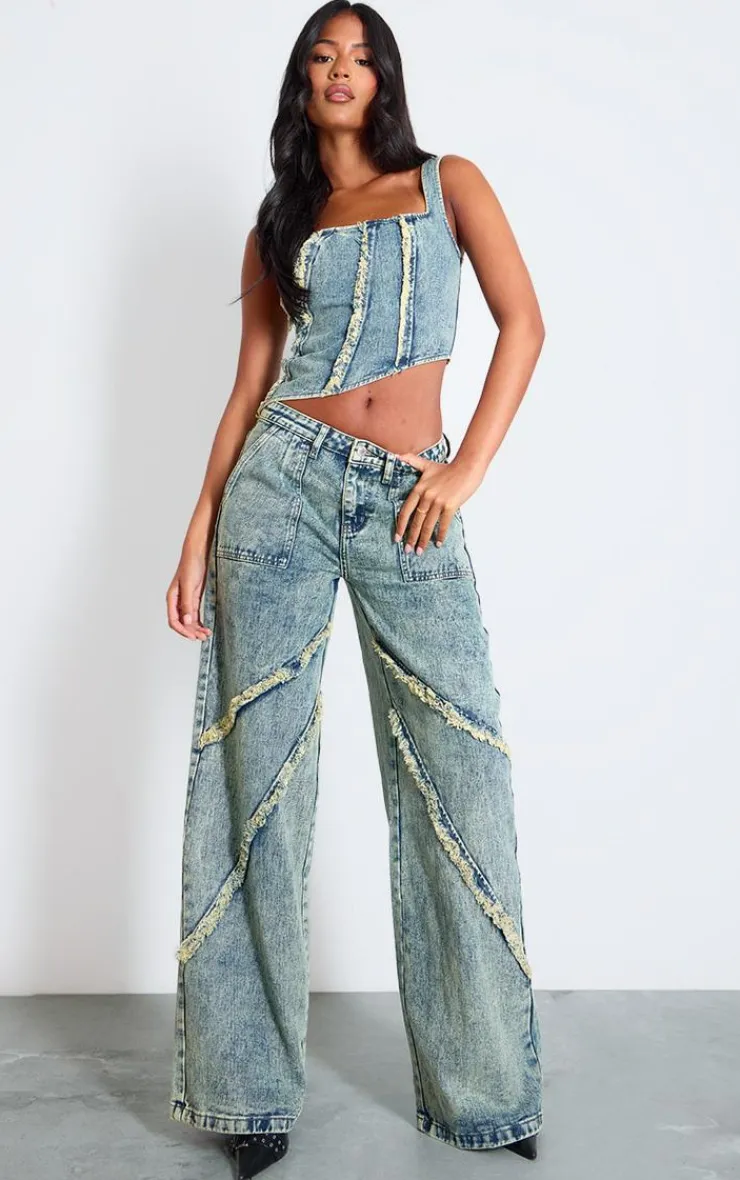 New PrettyLittleThing Tall Raw Seam Detail Asymmetric Denim Corset Vintage Wash