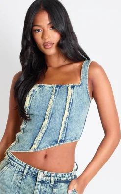 New PrettyLittleThing Tall Raw Seam Detail Asymmetric Denim Corset Vintage Wash