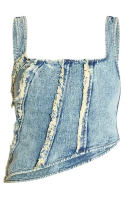 New PrettyLittleThing Tall Raw Seam Detail Asymmetric Denim Corset Vintage Wash