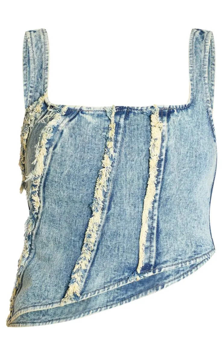 New PrettyLittleThing Tall Raw Seam Detail Asymmetric Denim Corset Vintage Wash
