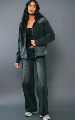 Tall Washed Black Oversized Hooded Zip Up Denim Jacket