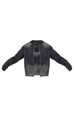 Tall Washed Black Oversized Hooded Zip Up Denim Jacket