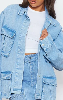 Tall Washed Blue Pocket Detail Oversized Denim Jacket
