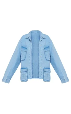 Tall Washed Blue Pocket Detail Oversized Denim Jacket