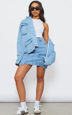 Online PrettyLittleThing Tall Pocket Detail Denim Mini Skirt Washed Blue