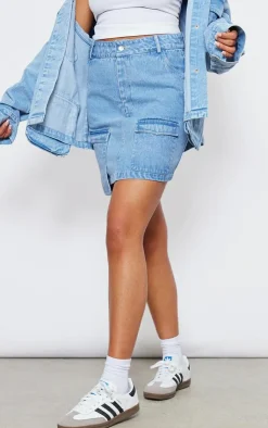Online PrettyLittleThing Tall Pocket Detail Denim Mini Skirt Washed Blue