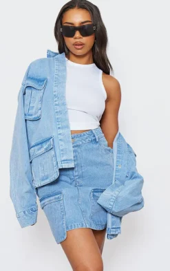Online PrettyLittleThing Tall Pocket Detail Denim Mini Skirt Washed Blue