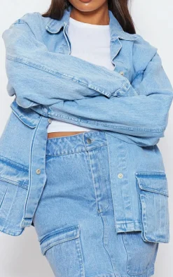 Online PrettyLittleThing Tall Pocket Detail Denim Mini Skirt Washed Blue