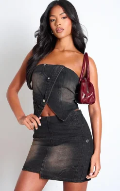 Clearance PrettyLittleThing Tall Asymmetric Panel Denim Mini Skirt Washed Brown