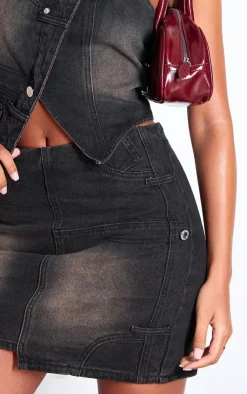 Clearance PrettyLittleThing Tall Asymmetric Panel Denim Mini Skirt Washed Brown
