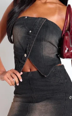 Outlet PrettyLittleThing Tall Band Detail Bandeau Denim Crop Top Washed Brown